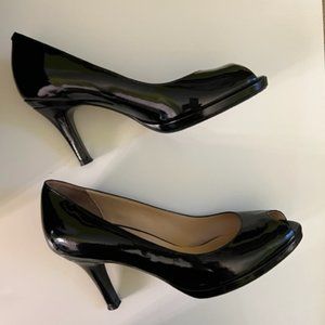 Cole Haan Carma Black Patent Leather Peep Toe Heels